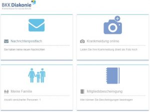 Abgebildet ist ein Ausschnitt der BKK Diakonie App, mit den Menüpunkten Postfach, Krankmeldung, Mitgliedsbescheinigung und Meine Familie.