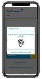 Screenshot des Fingerprintlogin in der BKK Diakonie App.