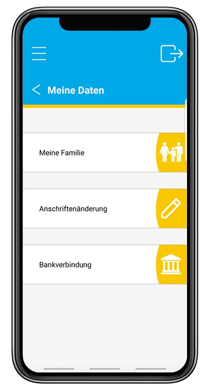 Screenshot aus der BKK Diakonie App zu der Option "Meine Daten". Unterpunkte stellen "Meine Familie", "Anschriftenänderung" und "Bankverbindung" dar.