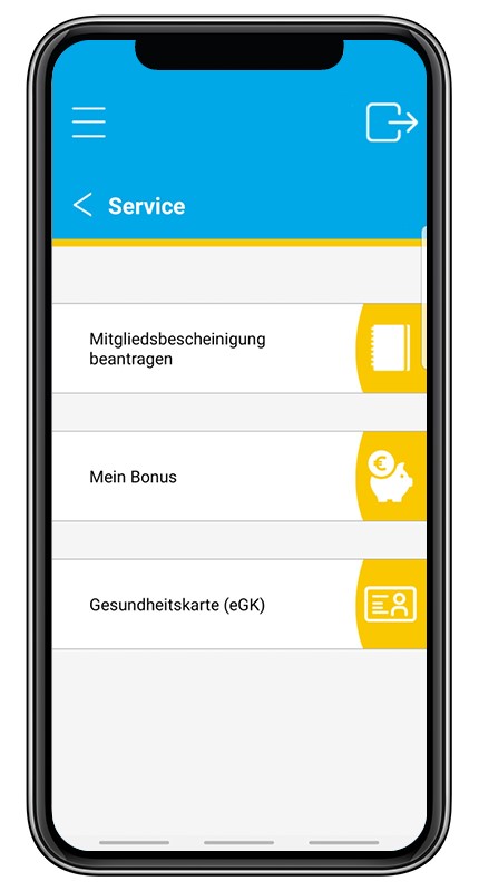 Screenshot aus der BKK Diakonie App zu der Option "Service". Unterpunkte sind "Mitgliedsbescheinigung beantragen, Mein Bonus oder eGK".