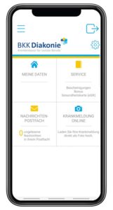 Screenshot der Startseite der BKK Diakonie App. Ansicht des Menüs mit den Kategorien: Meine Daten, Service, Nachrichten Postfach und Krankmeldung online.