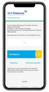 Screenshot des Authentifizierungsvorgangs in der BKK Diakonie App zur sicheren Übertragung von persönlichen Daten.