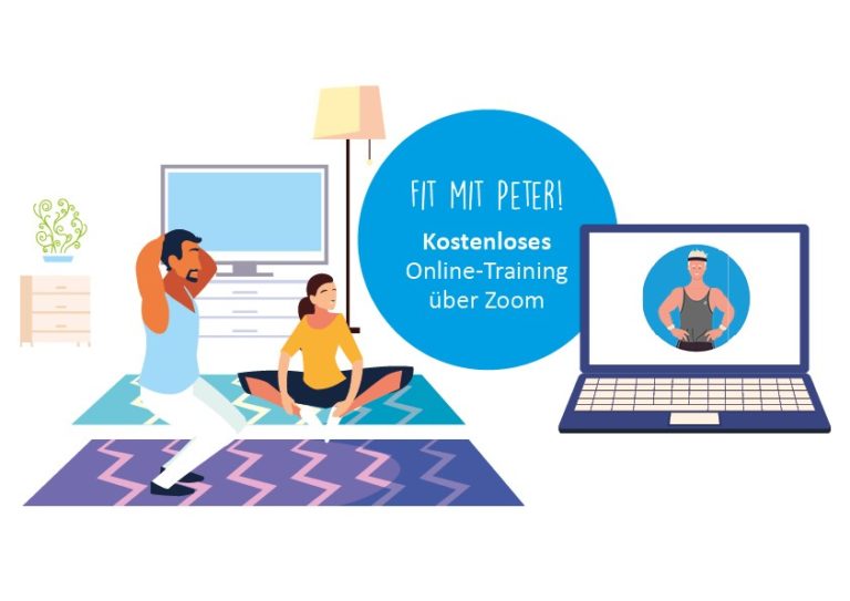 Banner für das Programm "Fit mit Peter - kostenloses Online-Training über Zoom". Links sind zwei Figuren auf nebeneinander liegenden Jogamatten zu erkenn, die verschiedene Übungen machen. Rechts ist ein Laptop abgebildet, in dem eine Figur in sportlicher Kleidung zu sehen ist