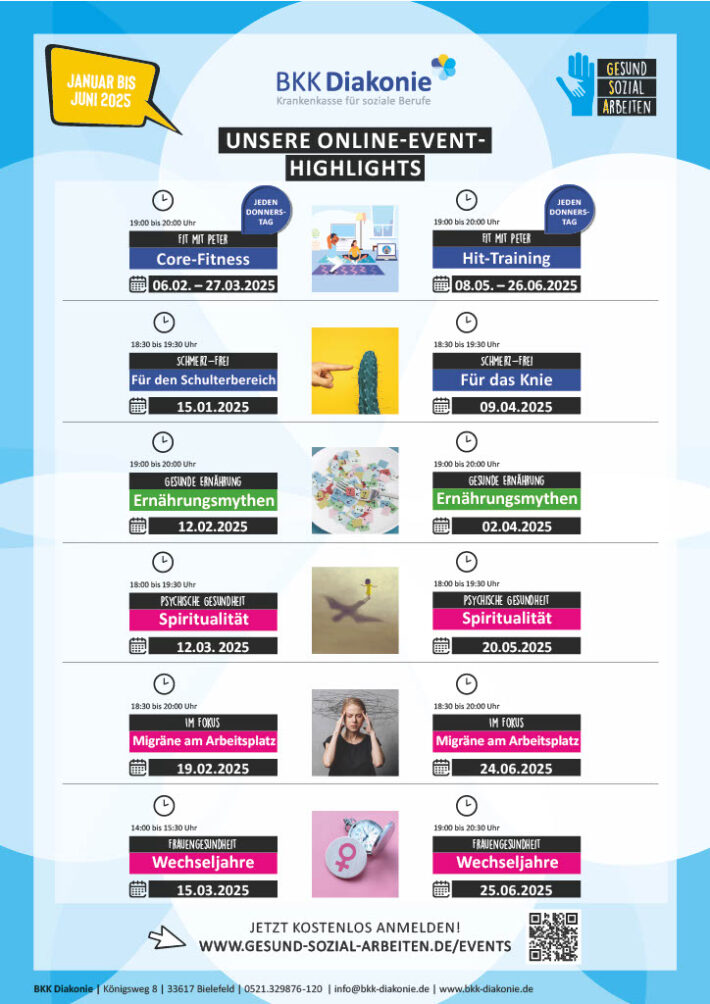 Der BKK Diakonie Online-Event Flyer von Januar bis Juni 2025