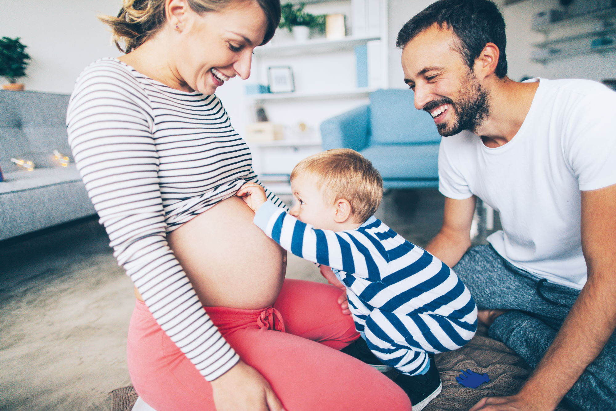 Junge glückliche Familie mit einem kleinen Sohn, der den Bauch seiner schwangeren Mutter anschaut und das Oberteil hochzieht.